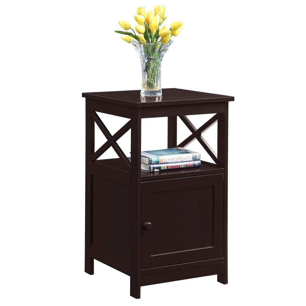 Espresso Modern Rectangular Wood End Table with Cabinet and Shelf