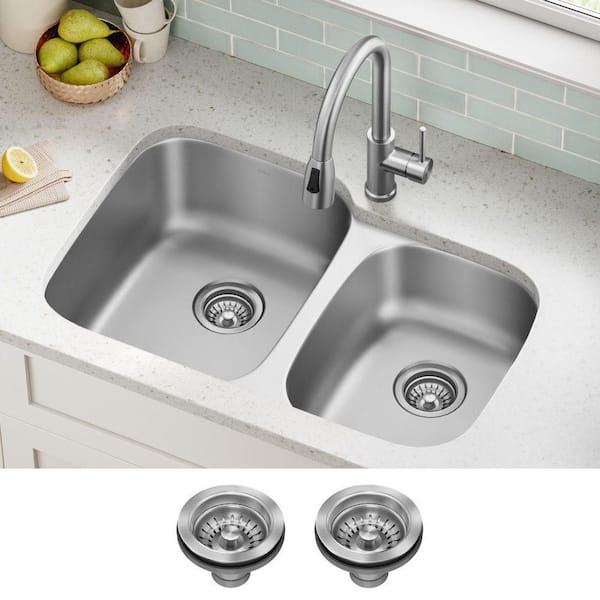 Premier Undermount Stainless Steel 32 in. 60/40 Double Bowl Kitchen Sink