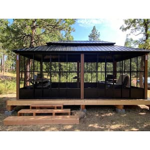 12ft.x20ft. Sunroom Hardtop Gazebo Solarium Galvanized Steel Double Roof Aluminum Screen House Patio Deck Backyard Brown