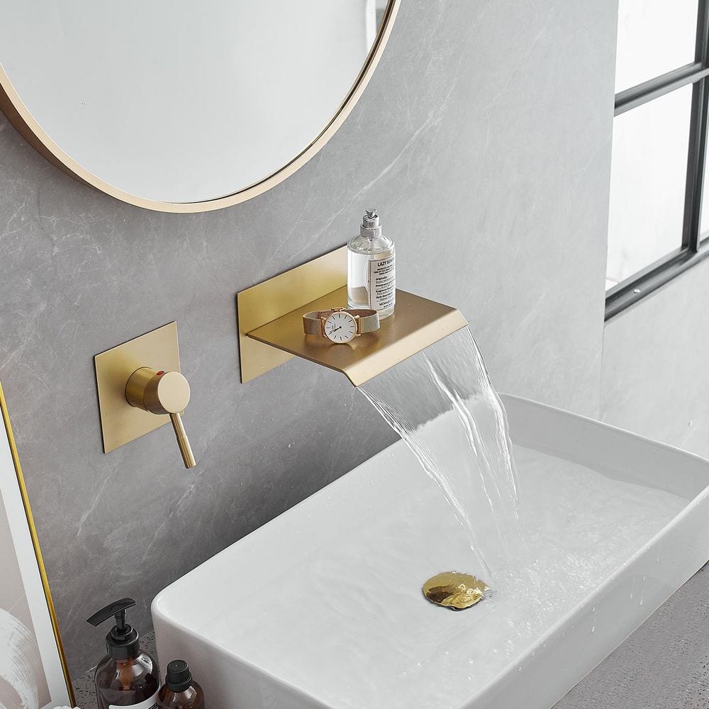 Brushed Gold Wall-Mounted Single-Handle Waterfall Bathroom Faucet
