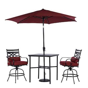 Montclair 3-Piece Steel Outdoor Dining Set with Chili Red Cushions, 2 Swivel Chairs, 33 in. Table and Umbrella
