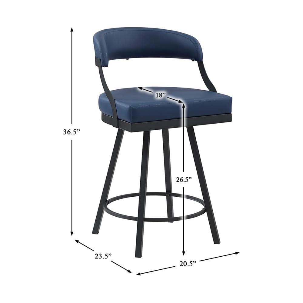 Blue Faux Leather Swivel Counter Height Stools with Black Metal Frame, Set of 2