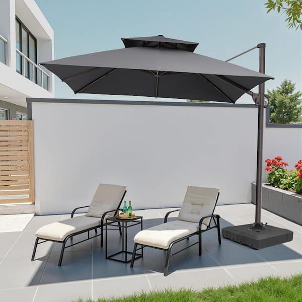 10 ft patio umbrella home depot Pellebant 10 ft. x 10 ft. WindProof Outdoor 2-Tier Top 360° Rotation  Tiltable Cantilever Patio Umbrella with Base in Dark Gray UB024PU055DGY