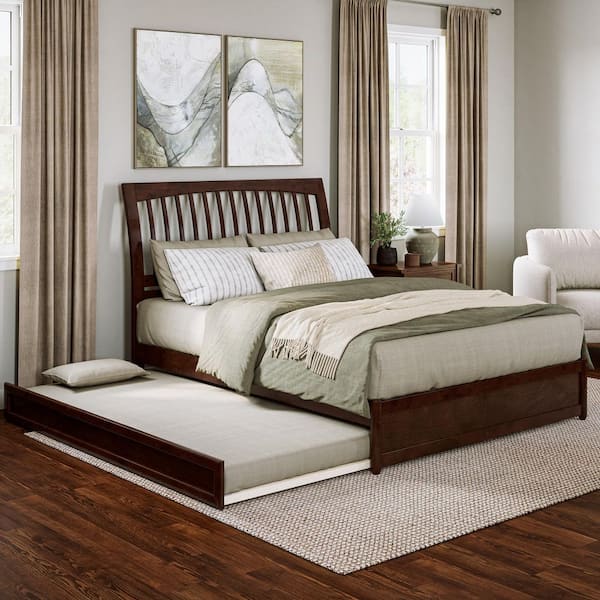 AFI Roslyn Walnut Brown Solid Wood Frame Queen Platform Bed with Panel Footboard and Twin XL Trundle