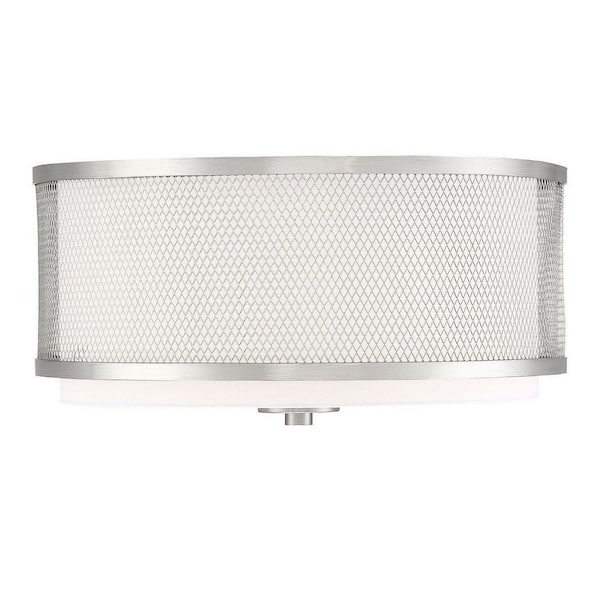 TUXEDO PARK LIGHTING 14.75 in. W x 6.25 in. H 3-Light Brushed Nickel Flush Mount Ceiling Light with White Fabric Shade and Metal Mesh Frame