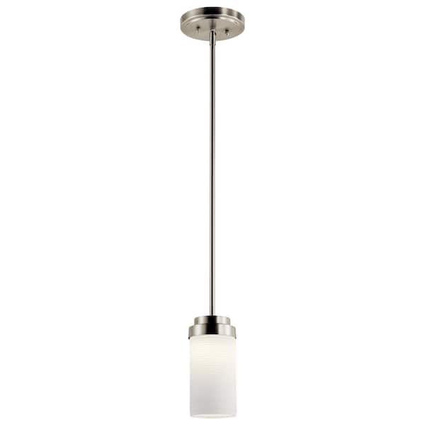 KICHLER 4 in. 1-Light Integrated LED Brushed Nickel Transitional Shaded Kitchen Mini Pendant Hanging Light with Etched Glass