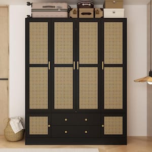 Black and Yellow Wooden 63 in. Width Bedroom Armoire, Wardrobe with 6 Shelves, Rod Cabinets and 2-Drawers