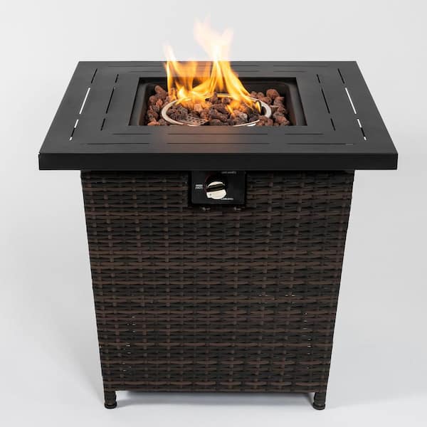 28 in. Outdoor Wicker Square 40000 BTU Fire Pit Table PE Wicker Body ...