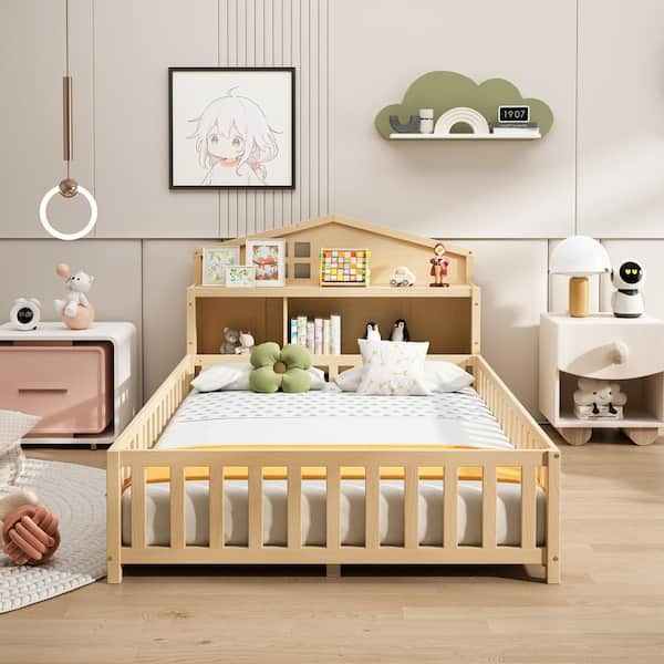 Natural MDF Frame Full Size Platform Bed with Bookcases, Blackboards, Guard Rails and Storage Headboards for Kids