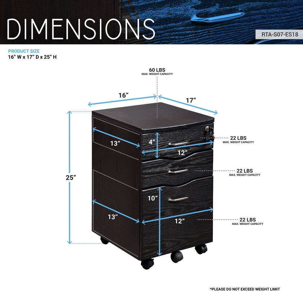 Espresso 3-Drawer Lockable Mobile Filing Cabinet