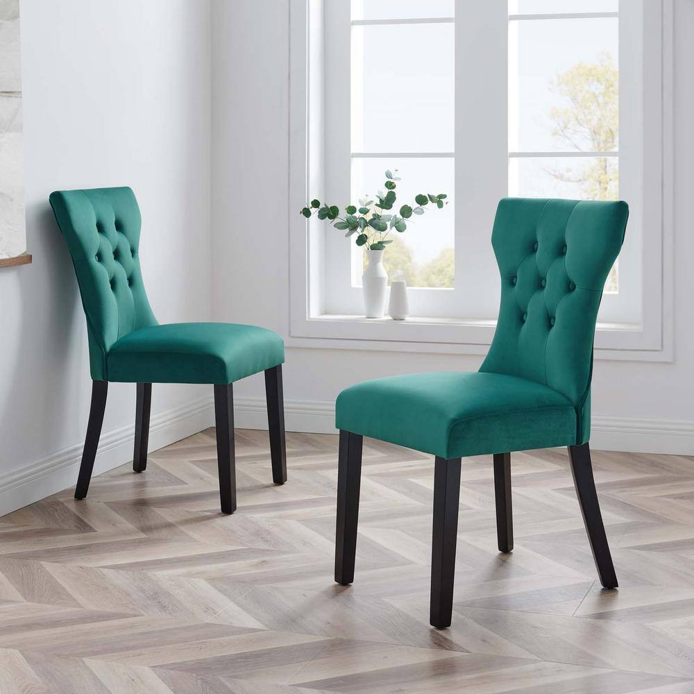 Teal Velvet Upholstered Dining Chairs with Wood Legs, Set of 2