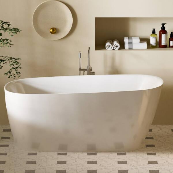 MYCASS 59 in. x 28.34 in. Acrylic Flatbottom Freestanding Single Slipper Soaking Bathtub with Left Drain in Glossy White