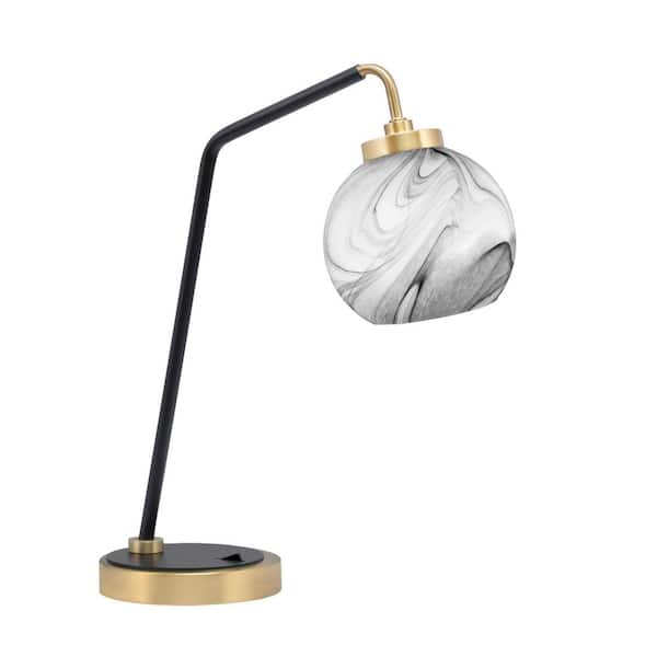 Unbranded Delgado 16.5 in. Matte Black and New Age Brass Desk Lamp with 5 in. Onyx Swirl Glass