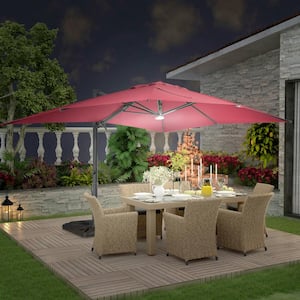 10ft. x 13ft. Aluminum Cantilever Outdoor Patio Umbrella w/Bluetooth Atmosphere Light 360-Degree Rotation in Red w/Base