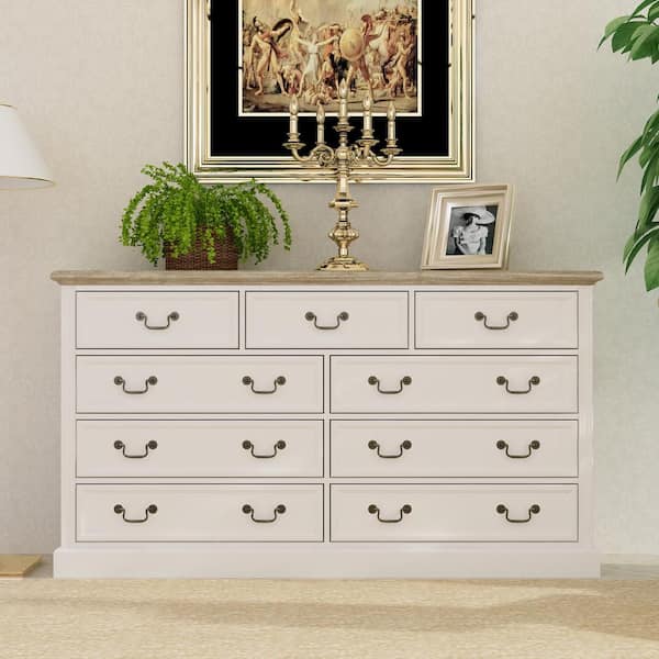FUFU&GAGA 9-Drawer White Wood Chest of Drawer Storage Cabinet Paint Finish European Style 33 in. H x 59 in. W x 15.9 in. D
