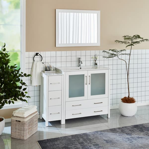 Brescia 48 in. W x 18 in. D x 36 in. H Bathroom Vanity in White with Single Basin Vanity Top in White Ceramic and Mirror