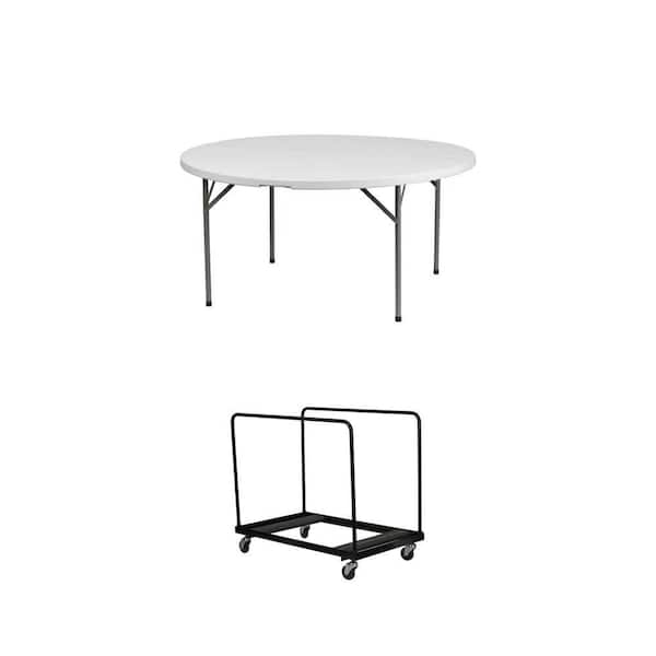 60 in. Granite White Plastic Tabletop Metal Frame Folding Table and Steel 4-Wheeled Folding Chair Dolly in Black Combo