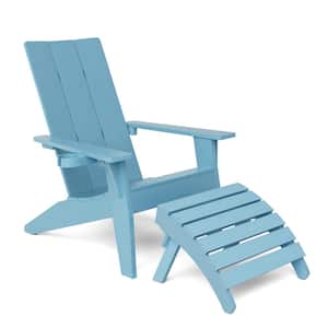 Oversize Modern Blue Plastic Outdoor Patio Adirondack Chair with Folding Ottoman
