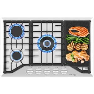 30 in. NG/LPG Convertible Gas Cooktop in Stainless Steel with 5-Burners and Reversible Cast Iron Grill/Griddle