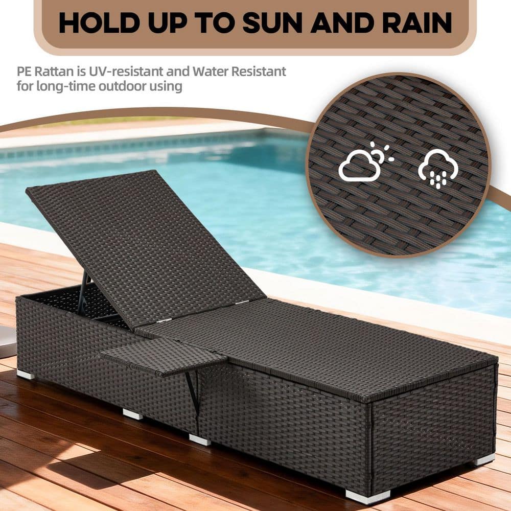 A dark brown wicker lounge chair without cushions, showing its weather-resistant PE rattan material.