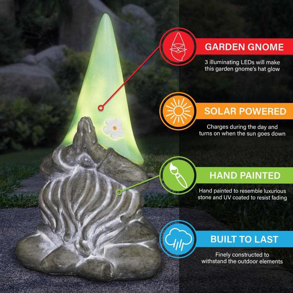 Solar Powered Resin Meditating Gnome with LED Hat, 11 Inch
