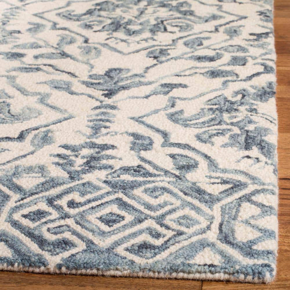 Ivory and Blue Hand-Tufted Wool Square Rug