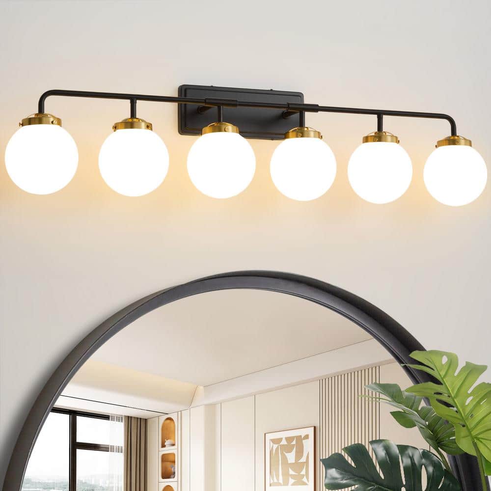 45.28 in. 6-Light Black and Gold Bathroom Vanity Light with Opal Glass Shades, Bulbs Not Included price history on PriceWatchPro