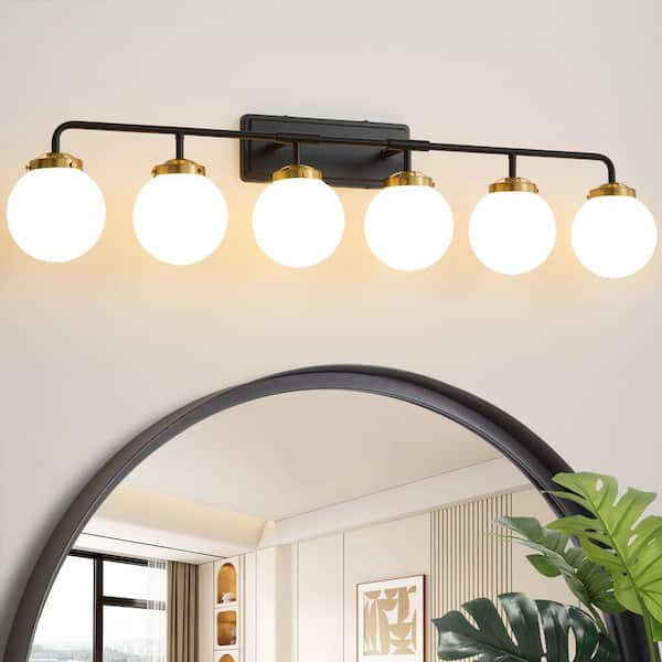 45.28 in. 6-Light Black and Gold Bathroom Vanity Light with Opal Glass Shades, Bulbs Not Included