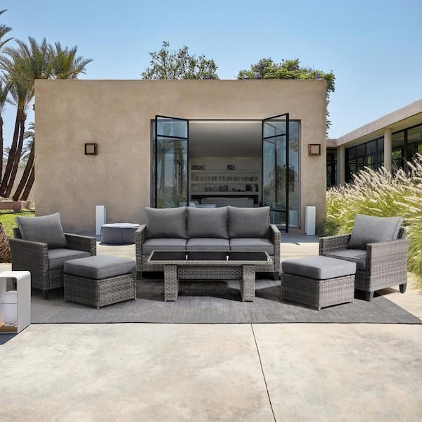 Freestyle OC Orange-Casual 6-Piece Wicker Outdoor Conversation Set with Grey Cushions, Ottoman