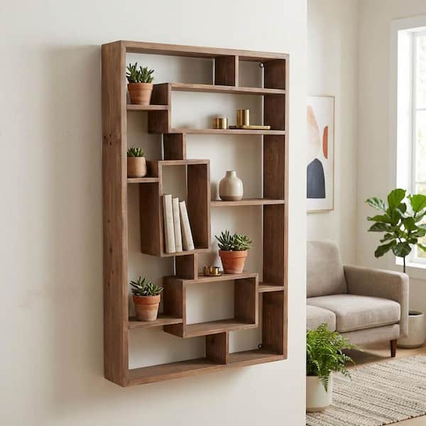 24 in. x 5 in. Brown Wood Geometric Multi-tier Decorative Wall Shelf