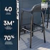 Grey outdoor bar stool with text highlighting USA manufacturing.