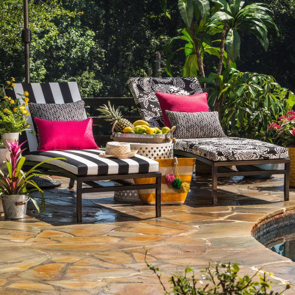 Black and Off-White Herringbone Square Outdoor Throw Pillow Set
