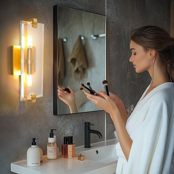 14.5 in. Gold Modern Interior Wall Lamp, 2-Lights Dimmable Wall Sconce with 2 Bulbs for Bathrooms Hallways