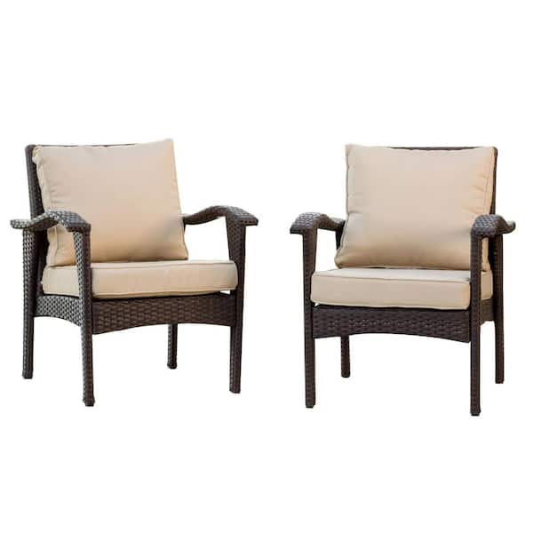 TIRAMISUBEST Wicker Outdoor Willow Bar Club Chairs with Beige Cushions (Set of 2)