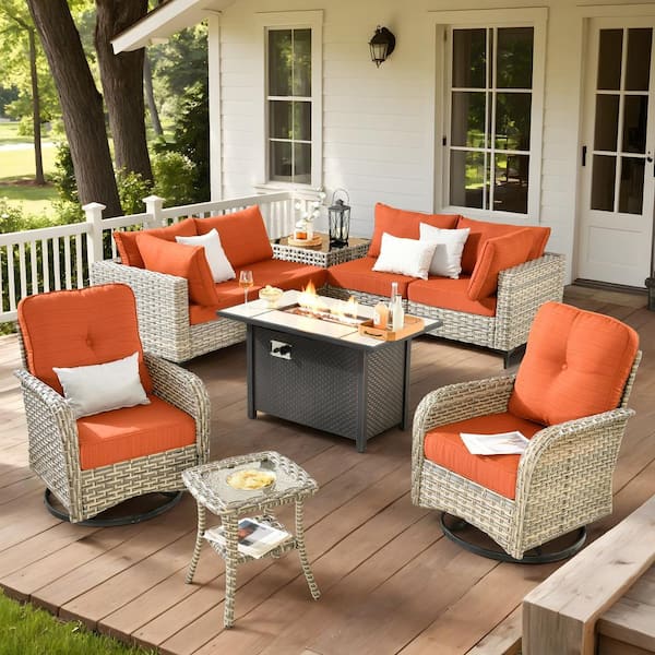 Savona 9-Piece Wicker Outdoor Patio Conversation Sofa Sectional Seating Set with Metal Fire Pit and Orange Red Cushions
