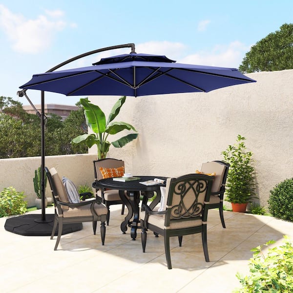 Pellebant Double Top 10 ft. Round Cantilever Offset Outdoor Patio Umbrella with Crank and Cross Base in Navy Blue