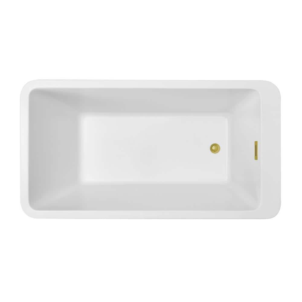 60" Glossy White Freestanding Acrylic Bathtub with Polished Gold Drain