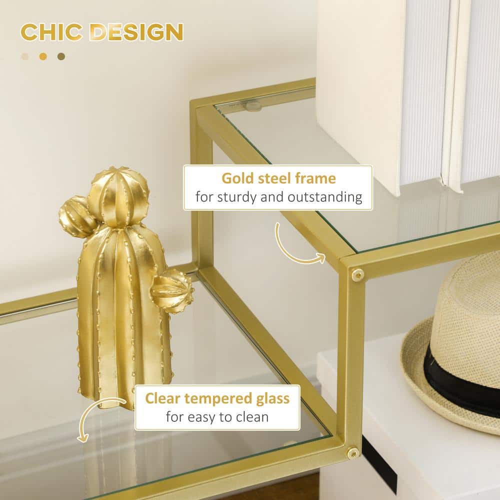 Gold Steel and Clear Glass Console Table with Storage Shelves