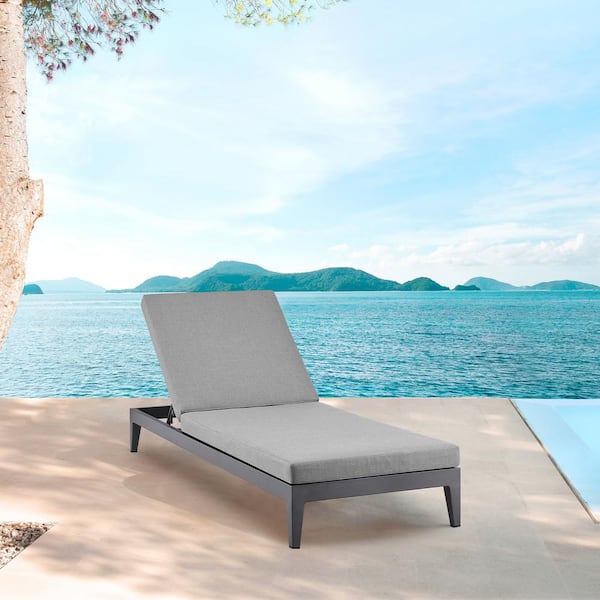 Armen Living Menorca Aluminum Outdoor Chaise Lounge with Dark Gray Cushions
