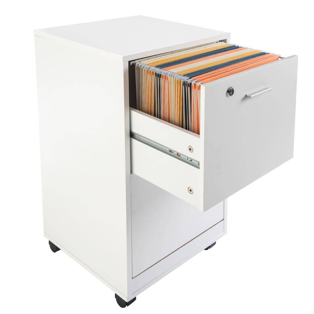 White Mobile 2-Drawer Lockable File Cabinet with Wheels