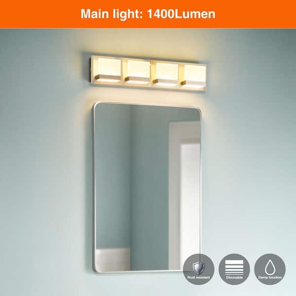 24 in. 4-Light Brushed Nickel LED 5CCT Vanity Light with Battery and Sensor Operated Night Light