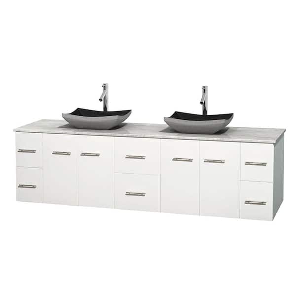 Wyndham Collection Centra 80 in. Double Vanity in White with Marble Vanity Top in Carrara White and Black Granite Sinks