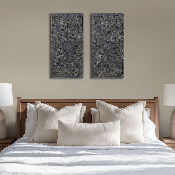Botanical Panel 0.59 in. x 15.75 in. Antique Blue Distressed Carved Wood 2-Piece Set by NA Wall Art Decor