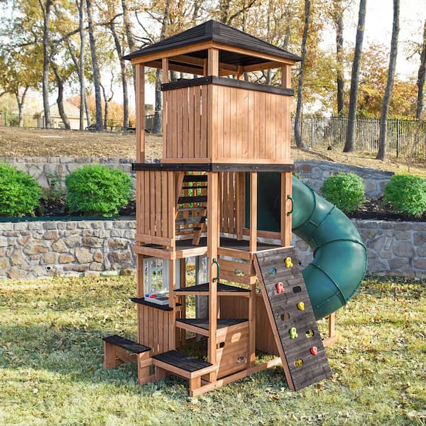 DIY Panorama Tower Outdoor Wooden Playhouse with Tube Slide, Climbing Wall, Bench, Play Kitchen with a 3-Story Deck