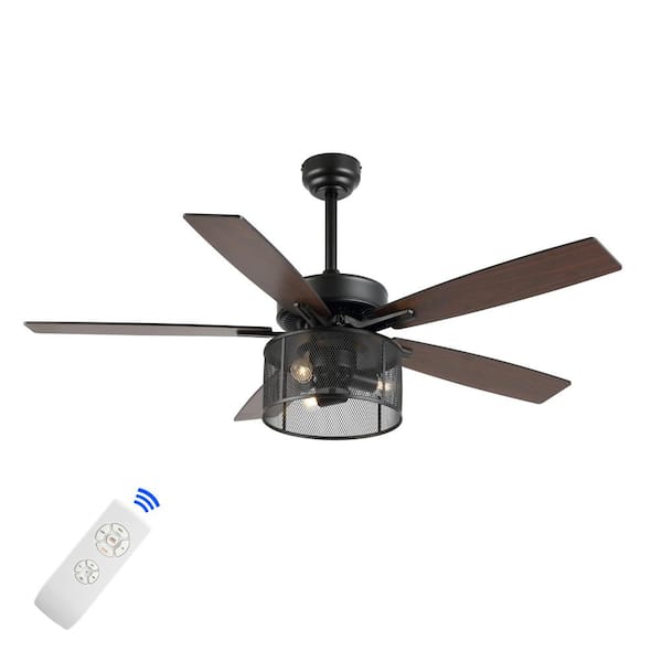 Max 52 in. 3-Light Farmhouse Industrial Iron/Wood Mobile-App/Remote-Controlled LED Ceiling Fan, Black/Dark Walnut