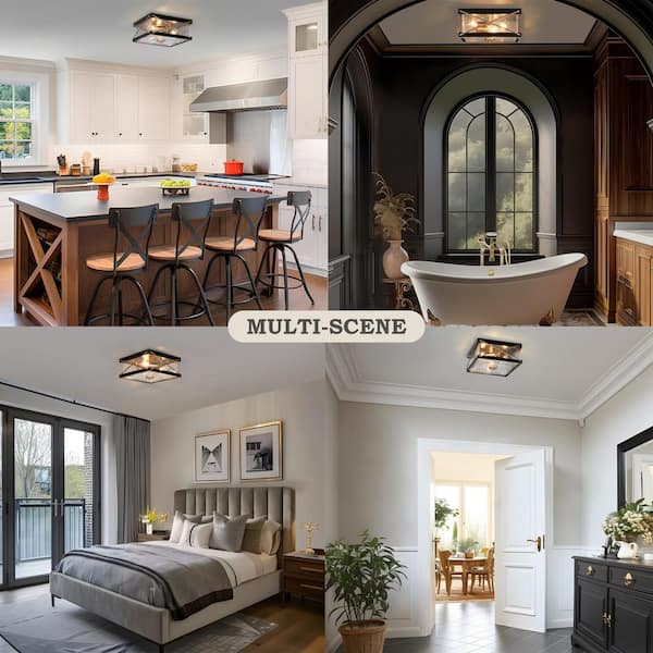 3-Light Flat Black Flush Mount Light with Square Seeded Glass Panels, 11 in. Modern Dark Gold Ceiling Light for Bedroom