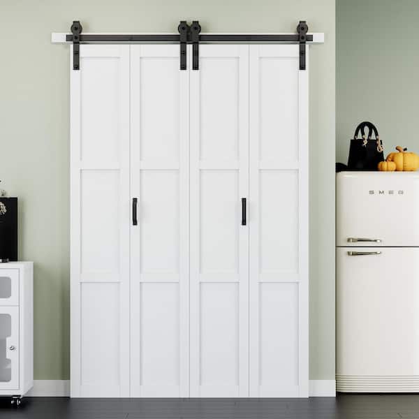 50 in. x 84 in. Paneled 3-Lite White Primed Solid Core MDF Bi-fold Sliding Barn Door with Hardware Kit