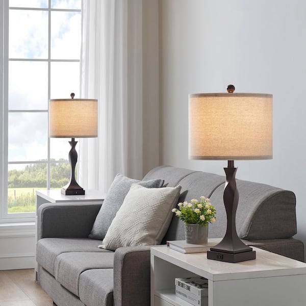 25.6 in. Bronze Table Lamp Set with USB Ports, AC Outlet and LED Bulbs (Set of 2)