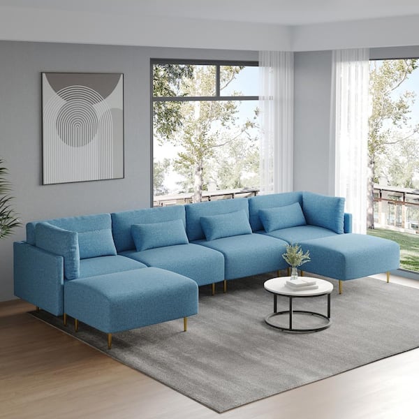 J E Home 138 58 In W Square Arm 6 Piece Linen U Shaped Modern Sectional Sofa Light Blue