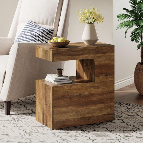 BYBLIGHT Kerlin 23.62 in. Brown Rectangle MDF End Table, Farmhouse C-Shaped Couch Side Table with 2-Tier Storage Shelf